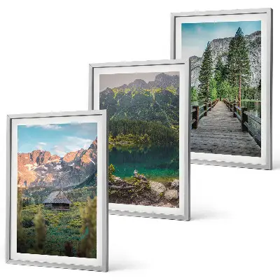 Composição de quadros moderna com paisagem de montanhas, lago e ponte