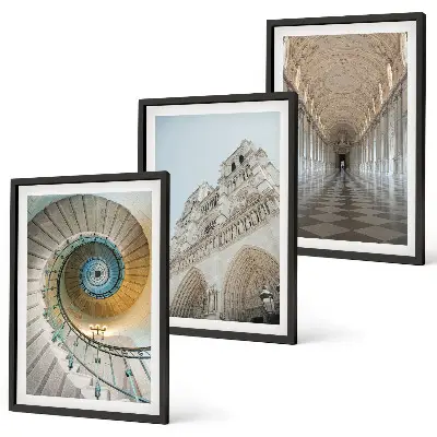 Conjunto de 3 quadros com moldura estampa de escada em espiral da fachada da catedral