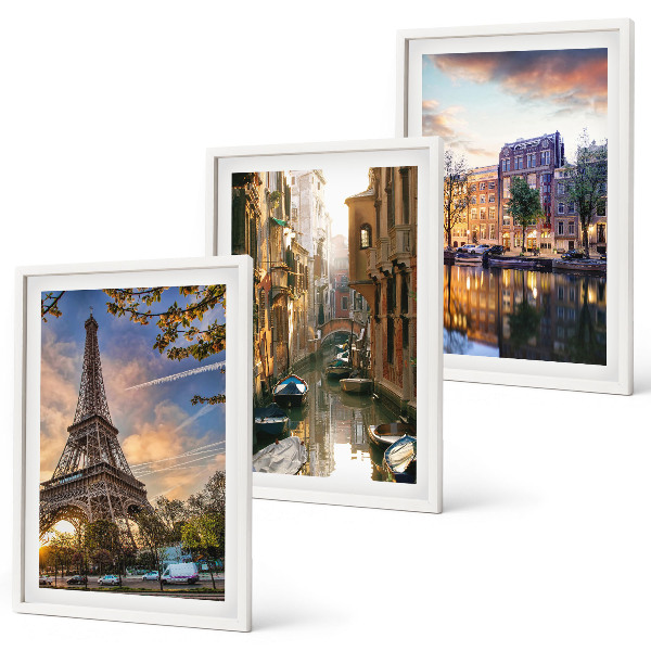 Conjunto de quadros para sala de estar Torre Eiffel Veneza Canais de Amsterdã