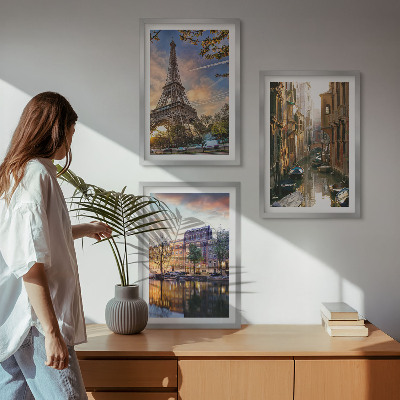 Conjunto de quadros para sala de estar Torre Eiffel Veneza Canais de Amsterdã