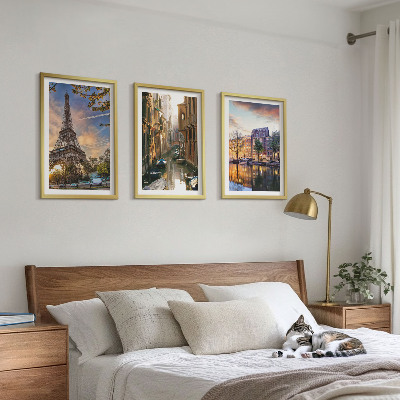 Conjunto de quadros para sala de estar Torre Eiffel Veneza Canais de Amsterdã