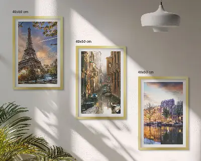 Conjunto de quadros para sala de estar com estampas da Torre Eiffel, Veneza e canais de Amsterdã