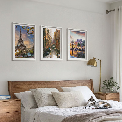 Conjunto de quadros para sala de estar Torre Eiffel Veneza Canais de Amsterdã