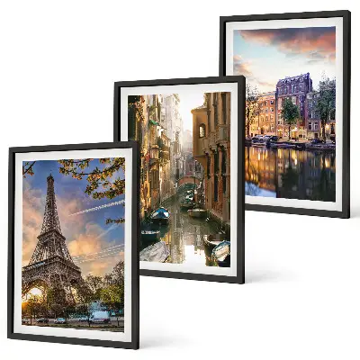 Conjunto de quadros para sala de estar com estampas da Torre Eiffel, Veneza e canais de Amsterdã