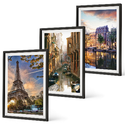 Conjunto de quadros para sala de estar Torre Eiffel Veneza Canais de Amsterdã