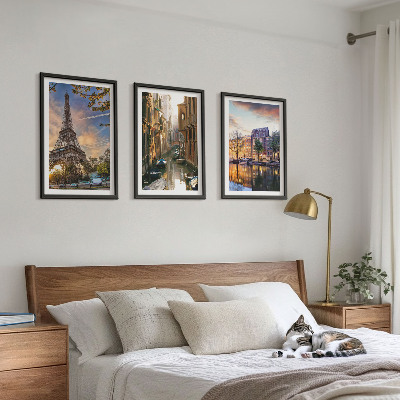 Conjunto de quadros para sala de estar Torre Eiffel Veneza Canais de Amsterdã