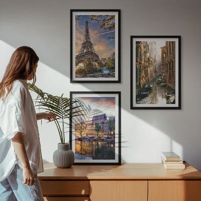 Conjunto de quadros para sala de estar Torre Eiffel Veneza Canais de Amsterdã