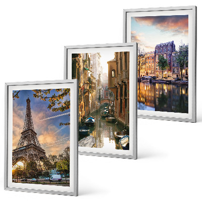 Conjunto de quadros para sala de estar Torre Eiffel Veneza Canais de Amsterdã