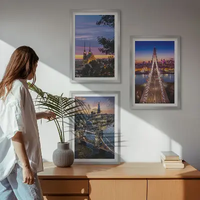 Conjunto de quadros para sala de estar com vistas de pontes e pores do sol