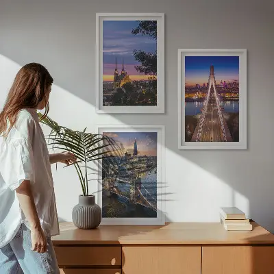 Conjunto de quadros para sala de estar com vistas de pontes e pores do sol
