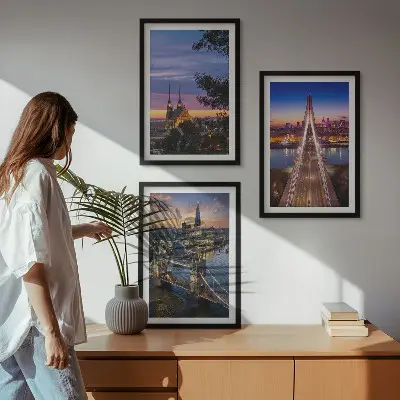 Conjunto de quadros para sala de estar com vistas de pontes e pores do sol