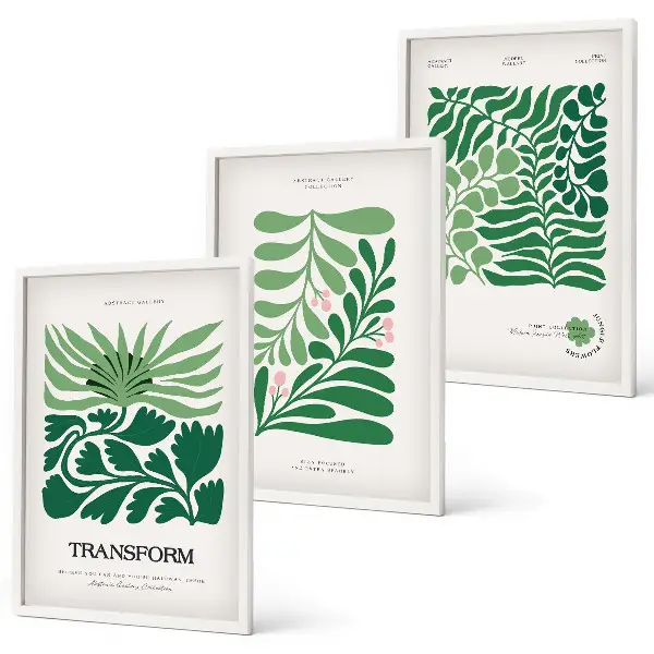 Conjunto de 3 quadros com moldura estampa de formas de plantas com folhas verdes
