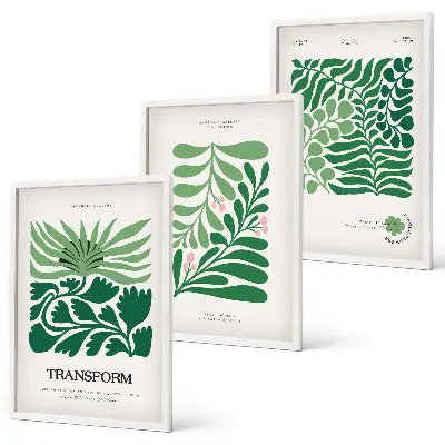Conjunto de 3 quadros com moldura estampa de formas de plantas com folhas verdes