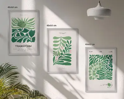 Conjunto de 3 quadros com moldura estampa de formas de plantas com folhas verdes