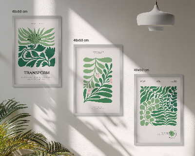 Conjunto de 3 quadros com moldura Formas de plantas com folhas verdes