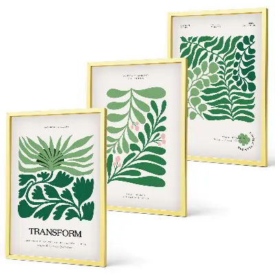 Conjunto de 3 quadros com moldura estampa de formas de plantas com folhas verdes