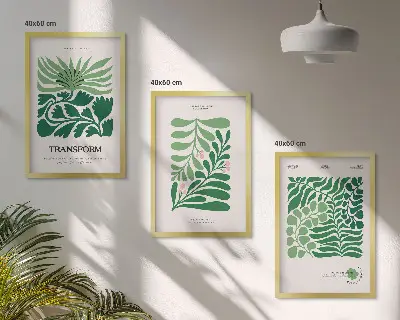 Conjunto de 3 quadros com moldura estampa de formas de plantas com folhas verdes