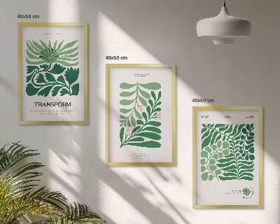 Conjunto de 3 quadros com moldura Formas de plantas com folhas verdes