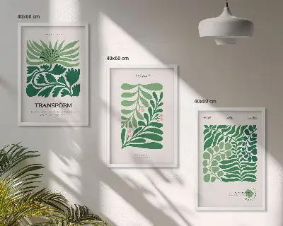 Conjunto de 3 quadros com moldura estampa de formas de plantas com folhas verdes