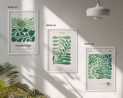 Conjunto de 3 quadros com moldura Formas de plantas com folhas verdes