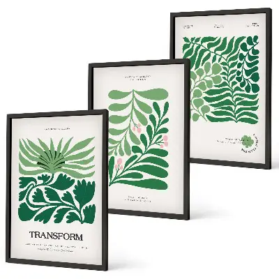 Conjunto de 3 quadros com moldura estampa de formas de plantas com folhas verdes