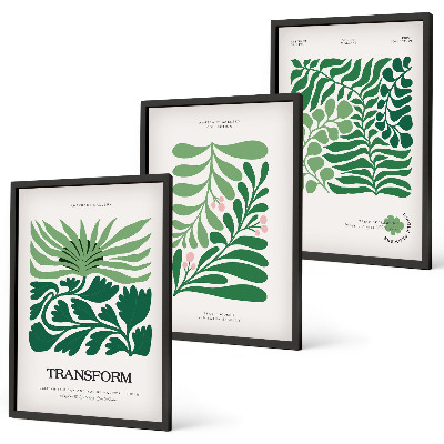 Conjunto de 3 quadros com moldura Formas de plantas com folhas verdes