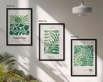 Conjunto de 3 quadros com moldura estampa de formas de plantas com folhas verdes