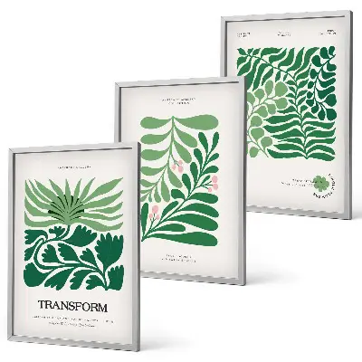 Conjunto de 3 quadros com moldura estampa de formas de plantas com folhas verdes