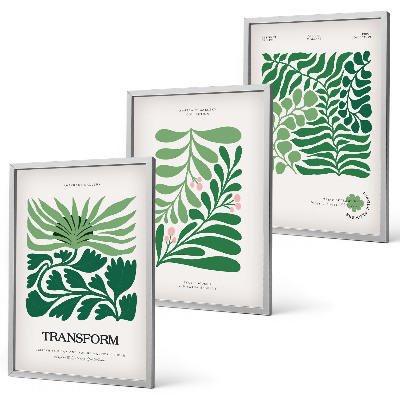 Conjunto de 3 quadros com moldura Formas de plantas com folhas verdes