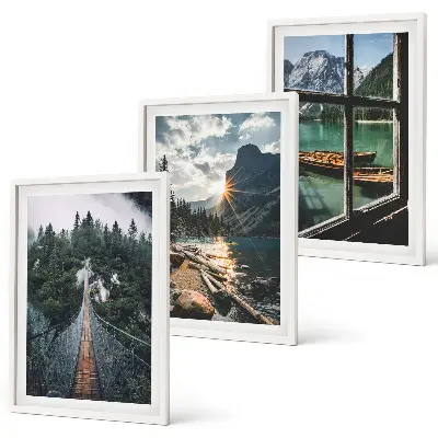 Conjunto de 3 quadros com moldura com paisagem de ponte, floresta, lago, barcos e montanhas