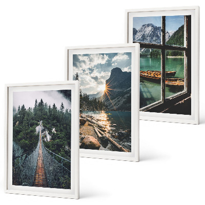 Conjunto de 3 quadros com moldura Ponte, floresta, lago, barcos, montanhas