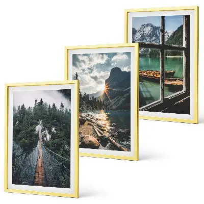 Conjunto de 3 quadros com moldura com paisagem de ponte, floresta, lago, barcos e montanhas