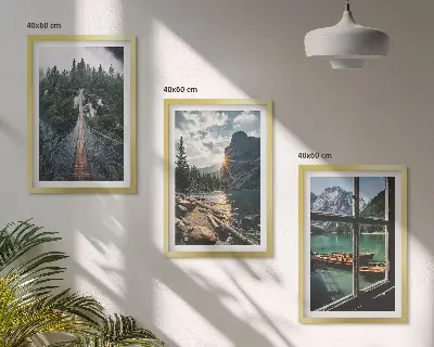 Conjunto de 3 quadros com moldura com paisagem de ponte, floresta, lago, barcos e montanhas