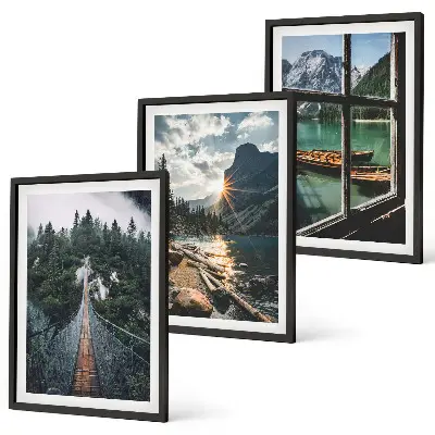 Conjunto de 3 quadros com moldura com paisagem de ponte, floresta, lago, barcos e montanhas