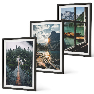 Conjunto de 3 quadros com moldura Ponte, floresta, lago, barcos, montanhas