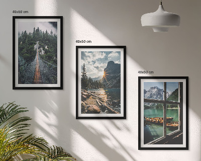 Conjunto de 3 quadros com moldura Ponte, floresta, lago, barcos, montanhas
