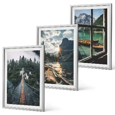 Conjunto de 3 quadros com moldura com paisagem de ponte, floresta, lago, barcos e montanhas