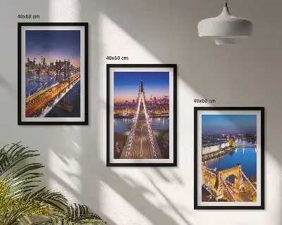 Composição de quadros moderna com cidades à noite, pontes e rios