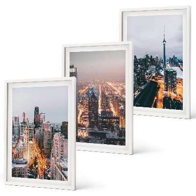 Conjunto de 3 quadros com moldura Cidades à noite, arranha-céus iluminados