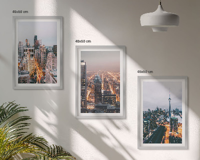 Conjunto de 3 quadros com moldura Cidades à noite, arranha-céus iluminados