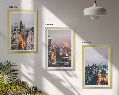 Conjunto de 3 quadros com moldura Cidades à noite, arranha-céus iluminados