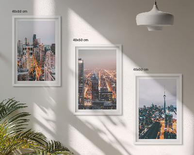 Conjunto de 3 quadros com moldura Cidades à noite, arranha-céus iluminados