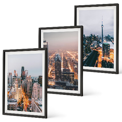 Conjunto de 3 quadros com moldura Cidades à noite, arranha-céus iluminados
