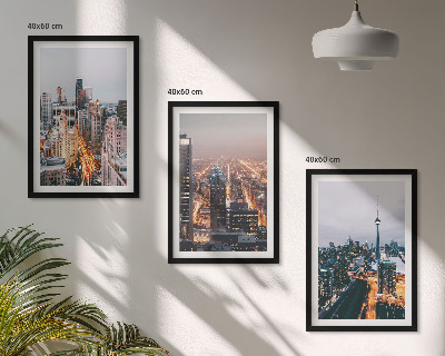 Conjunto de 3 quadros com moldura Cidades à noite, arranha-céus iluminados