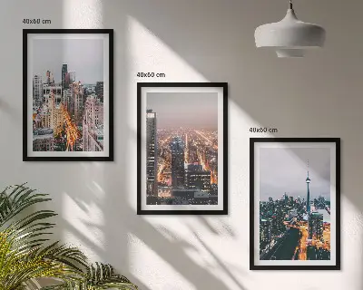 Conjunto de 3 quadros com moldura cidades à noite com arranha-céus iluminados
