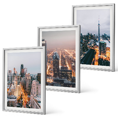 Conjunto de 3 quadros com moldura Cidades à noite, arranha-céus iluminados