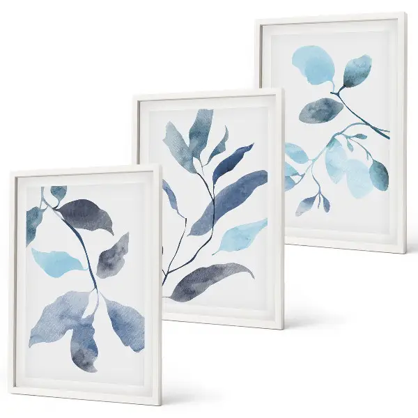 Composição de quadros moderna com folhas azuis em aquarela