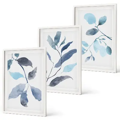 Composição de quadros moderna com folhas azuis em aquarela
