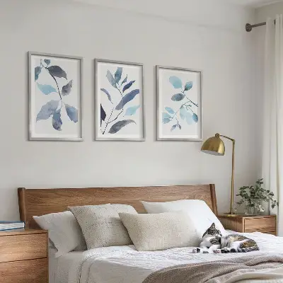 Composição de quadros moderna com folhas azuis em aquarela