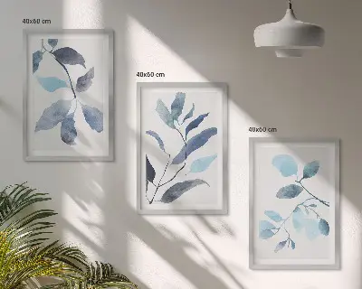 Composição de quadros moderna com folhas azuis em aquarela
